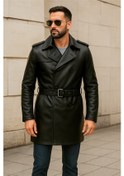 Resim Derije Lugano Hakiki Deri Erkek Siyah Kuşaklı Trençkot 