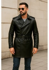 Resim Derije Lugano Hakiki Deri Erkek Siyah Kuşaklı Trençkot 