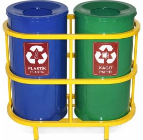 Resim Hijyen Dükkanı 2'li Kasalı Geri Dönüşüm Kovası Seti Boyalı Metal Gövde Sıfır Atık Kutusu Kağıt ve Plastik Ünitesi S-124 