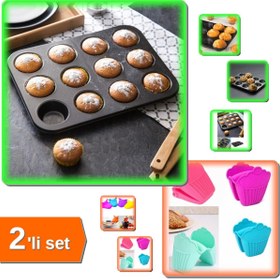 Resim HerEveOyuncak Yapışmaz 12 Bölmeli Muffin Kek Kalıbı ve Isıya Dayanıklı Kaymaz Silikon Fırın Eldiveni Seti J4K2MD 