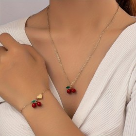 Resim Avrupa Tarzı Parti Seyahat Minimalist Günlük Kullanım için Kadınlar 2 Parça Emaye Kiraz Kalp Bilezik ve Kolye Seti 
