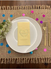 Resim Gold Yaldızlı Sarı Söz Verdik Kalp Çelenk Peçete 16 Adet 