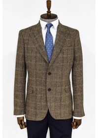 Resim Wessi Balıksırtı Desen Slim Fit Yün Kahverengi Erkek Ceket Taba 