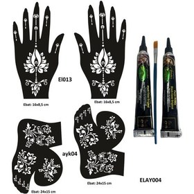 Resim Airbrush Tattoo Lotus Model El + Ayak Kına Kalıpları + Tüp Kına 2'li + Fırça 