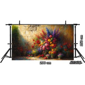 Resim Venspor Renkli Çiçeklerle Bezenmiş Bahçe Temalı, Taş Duvar Arkaplan, 200x150cm Duvar Örtüsü ve Fotoğraf Fonu 