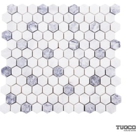 Resim Tuqco 1’’ Hexagon Muğla Beyazı - Gümüş Eskitme Mermer Mozaik 