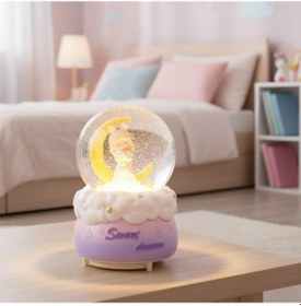 Resim Pilli Işıklı Müzikli Kar Küresi Hilal Ay Önünde Prenses Figürlü Eğlenceli Masaüstü Biblo, Led Aydınlatmalı Dekoratif Hediyelik Kar Küresi Pembe 