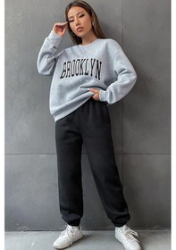 Resim 1898 Brooklyn Eşofman Takımı Sweatshirt Jogger - Gri Siyah Baskılı Oversize Şardonlu Bisiklet Yaka Gri 