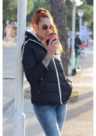 Resim Günlük Şık Kapüşonlu Kısa Kışlık Kadın Şişme Mont Siyah 