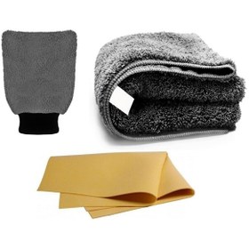 Resim M.Y. TASO Professional 3 Lü Arac Yıkama Seti Güderi Mikrofiber Havlu Gri Eldiven Özel Yıkama Ve Kurulama Set 
