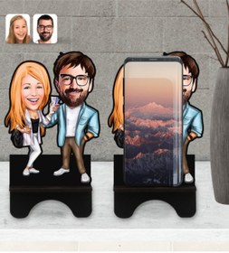 Resim Bk Gift Kişiye Özel Sevgililer Karikatürlü Ahşap Biblo Telefon Standı-93 