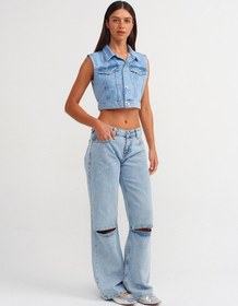 Resim Dilvin Diz Bölümü Açık Geniş Denim Pantolon Mavi 