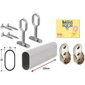 Resim Dolap Içi Askı Borusu Alüminyum Oval 120cm + Ayaklı Flanş 2 Adet Krom 