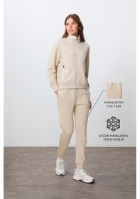 Resim Tommy Life Bej Kompakt Pamuklu Kalın Pürüzsüz Dokulu Dik Yaka Oversize Fit Kadın Eşofman Takım - 95340 Bej 