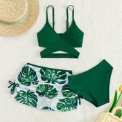 Resim Kadınların Tatil Mayo Takımı, Yaprak Desenli Yüksek Bel Bikini, Çapraz Askılı Üst ve Kapaklı Etek, Yaz Plaj Giyim 