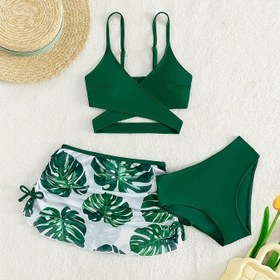 Resim Kadınların Tatil Mayo Takımı, Yaprak Desenli Yüksek Bel Bikini, Çapraz Askılı Üst ve Kapaklı Etek, Yaz Plaj Giyim 