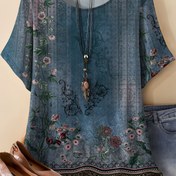 Resim Plus Beden, Oversize Retro Çiçek Desenli Yuvarlak Yaka Tişört, Rahat Kısa Kollu Kadınlar İçin Casual Tee, Aksesuar Dahil Değildir 
