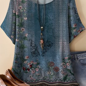 Resim Plus Beden, Oversize Retro Çiçek Desenli Yuvarlak Yaka Tişört, Rahat Kısa Kollu Kadınlar İçin Casual Tee, Aksesuar Dahil Değildir 