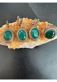 Resim Otantik Yeşim Ve Zirkon Taşlı Gümüş Set Takım 925 Ayar 