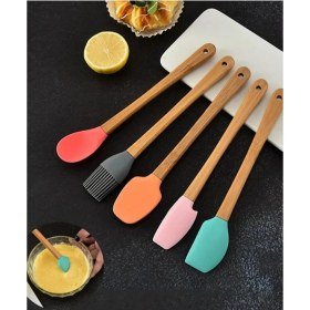 Resim Nemere 5'li Renkli Ahşap Saplı Silikon Uçlu Spatula Fırçalı Kaşık Seti -Yemek Hazırlık Seti 2 