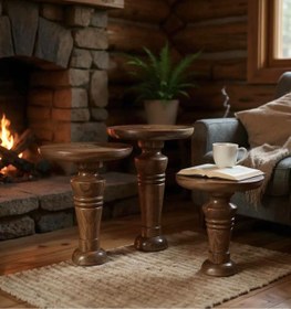 Resim ASELYA HOME Doğal Ahşap 3’lü Set Mantar Yan Sehpa Modern Fiskos Zigon Çiçeklik 