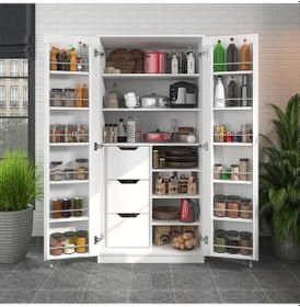 Resim 165 Derece Açılabilir 2 Kapaklı, 3 Çekmeceli, Kavanoz Raflı Kiler Ve Erzak Mutfak Dolabı Beyaz 