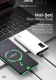 Resim Jopus 10000mAh PowerBank PD 22.5W Hızlı Şarj - Dijital Ekranlı - Taşınabilir Şarj Cihazı - Beyaz JP-P12 