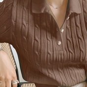 Resim Plus Beden, Kadınlar İçin Şık Klasik Yaka Çizgili Düğmeli Hırka - Yumuşak Kahverengi Kısa Kollu Makinede Yıkanabilir Kazak Sonbahar/Kış Katmanlı Giyim, Ofis ve Günlük Stil, Zamansız Tasarım, Dayanıklı Kumaş, Hafta Sonu Kullanımı 