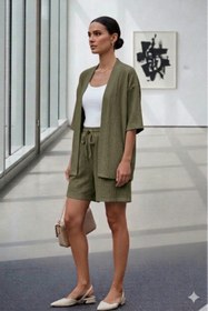 Resim NO 601 Kadın Haki Yeşil Bürümcük Dokulu Oversize Kimono ve Beli Lastikli Şort Yazlık İkili Takım 