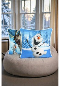 Resim Kırlent Kılıfı 2'li Kardan Adam Ve Geyik Desenli 45x45 Raşel Örme Kadife Çift Taraflı Dijital Baskı Beyaz Biyeli Çok Renkli 