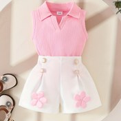 Resim İç Dolgulu Olarak Giyilmesi Gereken 2 Parça Yazlık Bebek Kız Yaka Kolsuz Düz Renk Üst + Pazar Çiçeği Beyaz Şort Moda Dış Giyim Seti Yaz Modası Kız Dış Giyim, Dış Mekanlar İçin 