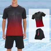 Resim Erkeklerin Gradyan Renkli Mayo Seti - Hızlı Kuruyan Kısa Kollu T-Shirt ve Bağcıklı Şort, Hafif Polyester, Nefes Alabilir, Plaj, Havuz, Spor Salonu ve Günlük Giyim için İdeal, Günlük Plaj Giyim|Ombre Tasarımı|Nefes Alabilir Kumaş 