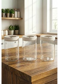 Resim Lengo 3'lü 1200 Ml Mühürlü Vakumlu Borosilikat Cam Erzak Saklama Kavanozu Şeffaf Beyaz 