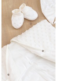 Resim Kız Erkek Bebek Kadife Fermuarlı Şapka Patikli Kundak Battaniye Seti Stl6784 Beyaz - Fuşya 