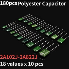 Resim 180 Adet 18 Değer Polyester Film Kondansatör Kiti, Kapasitör Seti 100 V 2a471j 2a224j 2a102j 2a152j 2a222j 2a332j 2a472j 