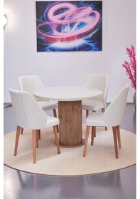 Resim Bohem Ihlamur Yuvarlak Lak Panel Mutfak Masa Takımı 100cm Krem 