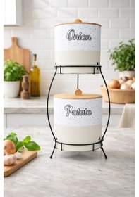 Resim Bambu Kapaklı Metal Patates Soğanlık Krem Taş Desenli Standlı Krem 