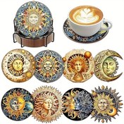 Resim 8 adet / takım Rüya Güneş Resmi Elmas Boyalı Bardak Altlığı Seti Parıldayan Su Elması Isıya Dayanıklı İçecek Matı ile Braket DIY Bardak Altlığı Başlangıç ve Yetişkinler için, Yapay Elmas Sanat Malzemeleri Hediye 