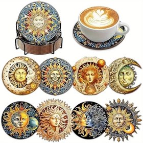 Resim 8 adet / takım Rüya Güneş Resmi Elmas Boyalı Bardak Altlığı Seti Parıldayan Su Elması Isıya Dayanıklı İçecek Matı ile Braket DIY Bardak Altlığı Başlangıç ve Yetişkinler için, Yapay Elmas Sanat Malzemeleri Hediye 