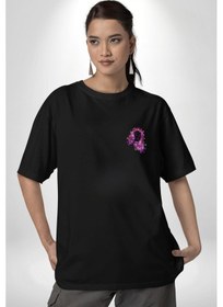 Resim Kelebekler Kanser Günü Ve Kadınlar Günü Siyah Oversize Unisex Ön Sol Yan Minimal Baskılı Tişört Koyu Siyah 