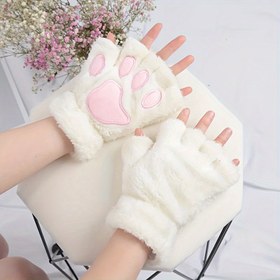 Resim Kadınlar için Kışlık Kedi Patisi Baskılı Eldivenler - Kalın Polar Yarım Parmaklı Eldivenler, Elastik Uyumlu, Pembe Vurgulu Uçlar & Yumuşak Kürk Astarlı Manşetler Soğuk Hava İçin, Bayramlık Kıyafetlerle ve Günlük Kullanım, Sıcak El Koruma, Eğlenceli Tasarım 