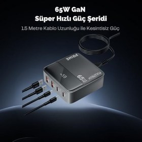 Resim Hızlı Şarj Cihazı, 65W GaN Hızlı Şarj Adaptörü, Güç Şeridi, 2x Type-C Girişi, 2x Usb Girişi, Tam Zamanlı 4 Bağlantı Noktası, Şarj Koruması, Akım Koruması, Yüksek Verimlilik (1.5 Metre) 