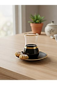 Resim Eva Siyah Gold Cam Tabaklı 12 Parça Çay Seti Şeffaf 