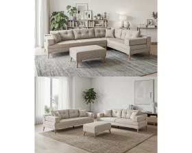 Resim Velura Home & Living Zeri Modüler Yataklı 3 Adet Üçlü Kanepe & 3'lü Koltuk (3+3+3) - Latte 
