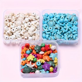 Resim 100 adet/Kutu 6 Stil Turkuaz Aralayıcı Boncuklar, Kaplumbağa, Denizyıldızı, Pentagram, Yuvarlak, Oval ve Düzensiz Şekilli Süsler Dahil Takı Yapımı için Uygun DIY Bilezikler Kolyeler Küpeler Halhal Aksesuarları, İdeal Tatil Hediyesi 