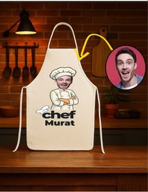 Resim Kişiye Özel Karikatür Fotoğraflı Ve İsimli Mutfak Önlüğü Chef Tasarımlı 1 Krem 