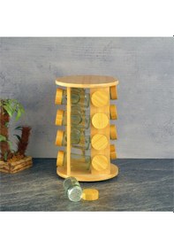 Resim Bambu Standlı Basic Cam Tuzluk - 16 Lı Tuzluk Biberlik Baharatlık Yuvarlak 125 Ml. Şeffaf 