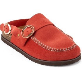 Resim Kadın Hakiki Süet Deri 4,5cm Topuklu Rahat Kalıp Günlük Sandalet Nar Çiçeği 