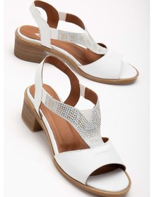 Resim Analin Shoes Kadın Hakiki Deri Lastikli Rahat Taşlı Sandalet Kot Mavi Beyaz 