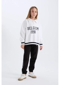 Resim DeFacto Kız Çocuk Oversize Geniş Kalıp Polo Yaka Baskılı İçi Yumuşak Tüylü Sweatshirt D3497A824WNWT34 Beyaz 